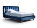 Lit double - Velours-Bois - 210x180x112 cm - Bleu foncé-Bois naturel - Style contemporain