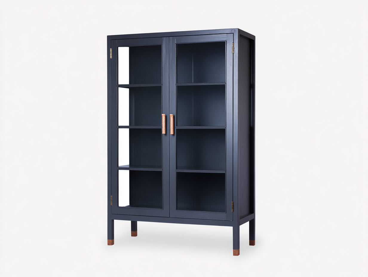 Vitrine-bois-verre-108x41x156 cm-bleu foncé-classique