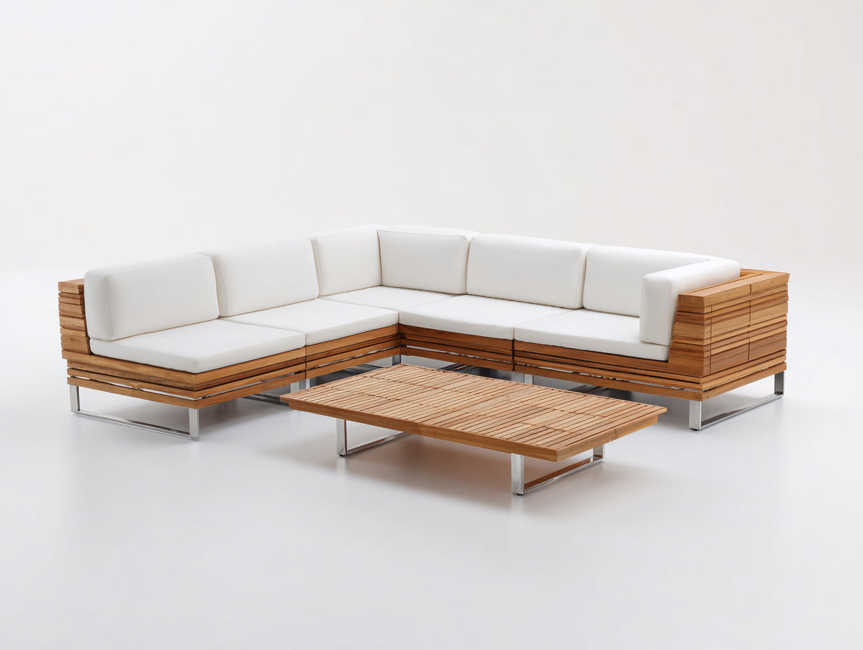 Canapé de jardin - Bois-Métal-Tissu - 235x235x74 cm - Naturel-Blanc cassé - Contemporain