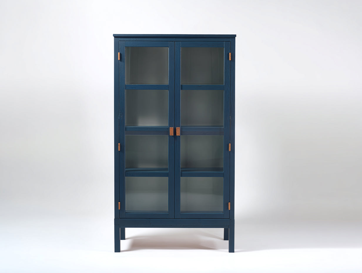 Vitrine-bois-verre-94x36x168 cm-bleu foncé-classique