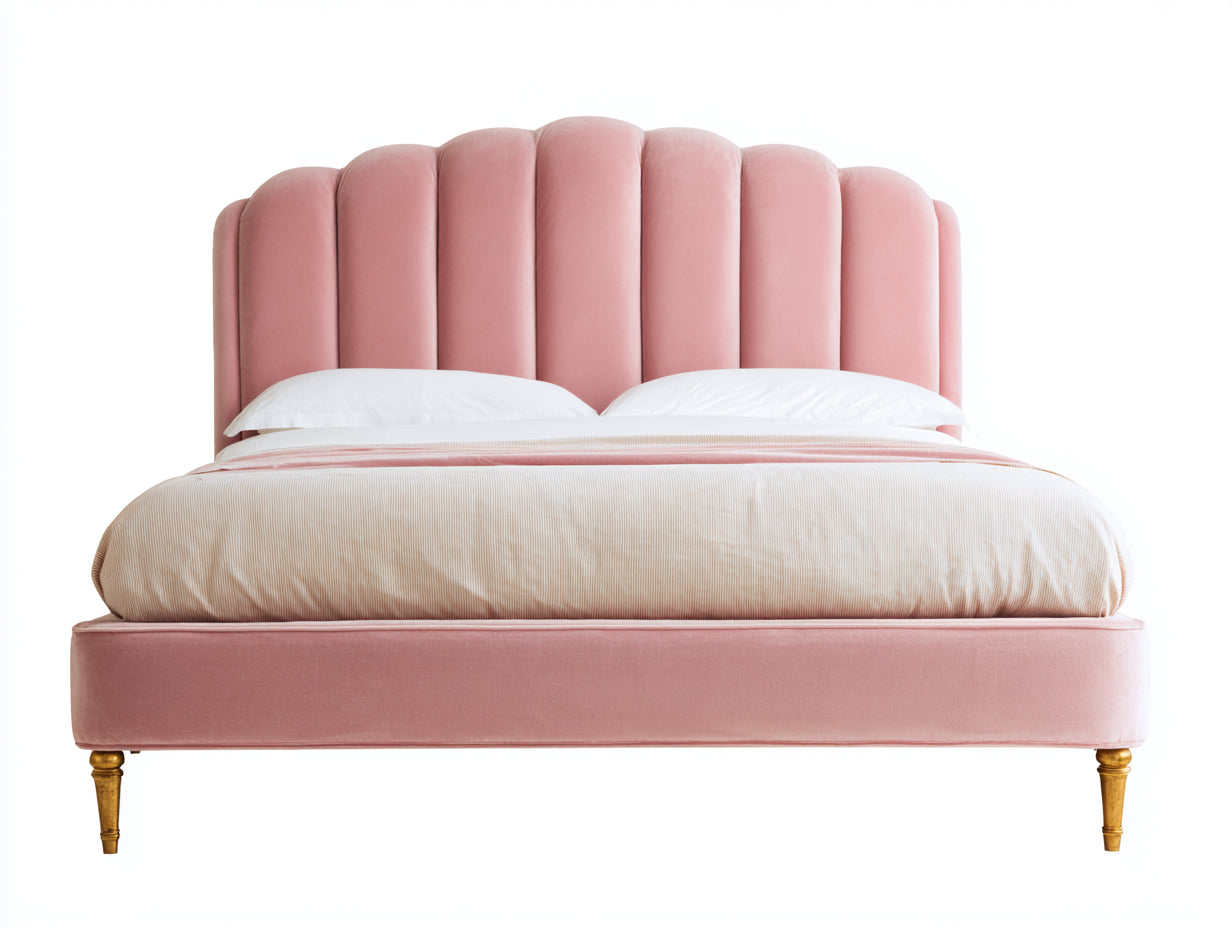 Lit double - Velours-Bois - 206x178x118 cm - Rose-Or - Style glamour