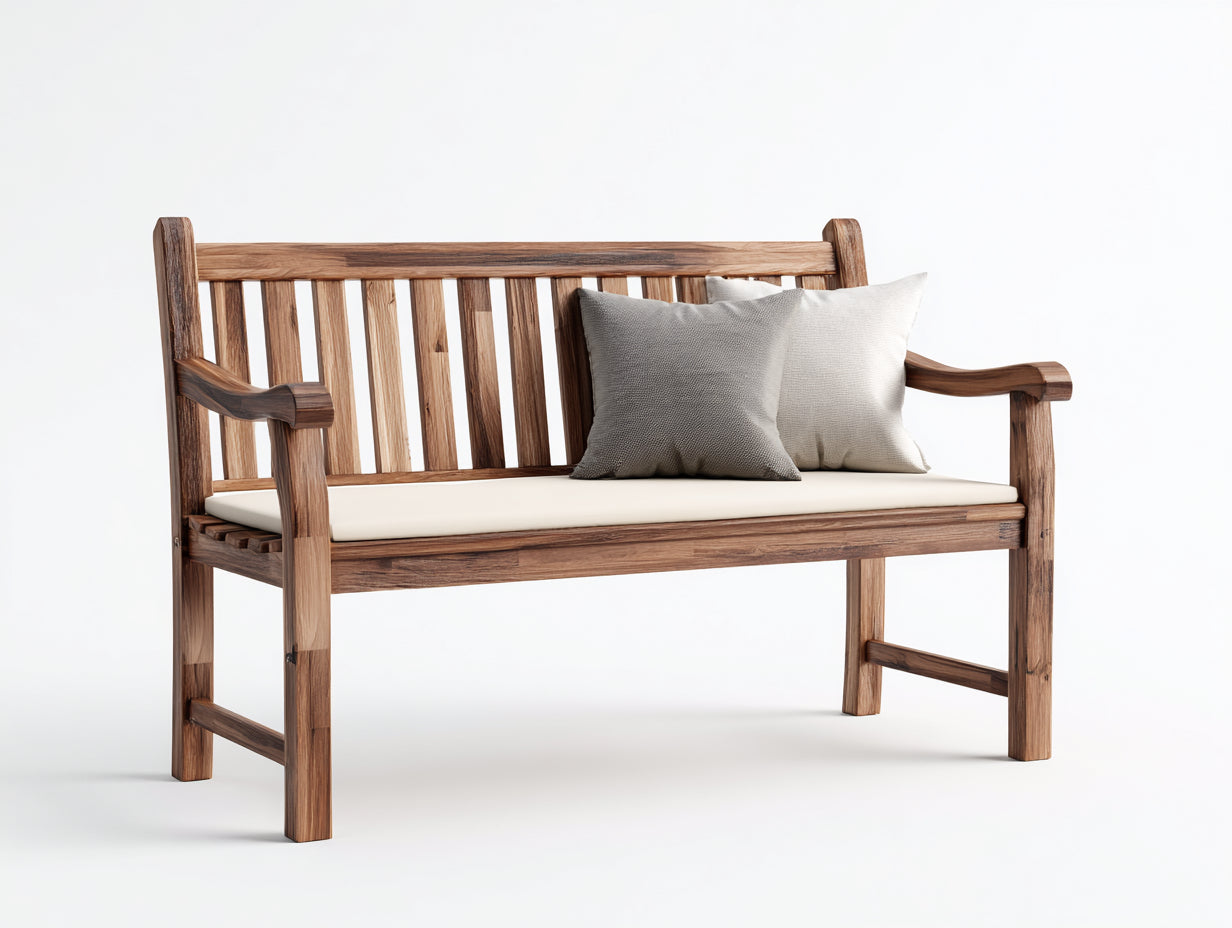 Banc de jardin - Bois massif-Tissu - 145x62x88 cm - Brun naturel-Beige - Assise rembourrée
