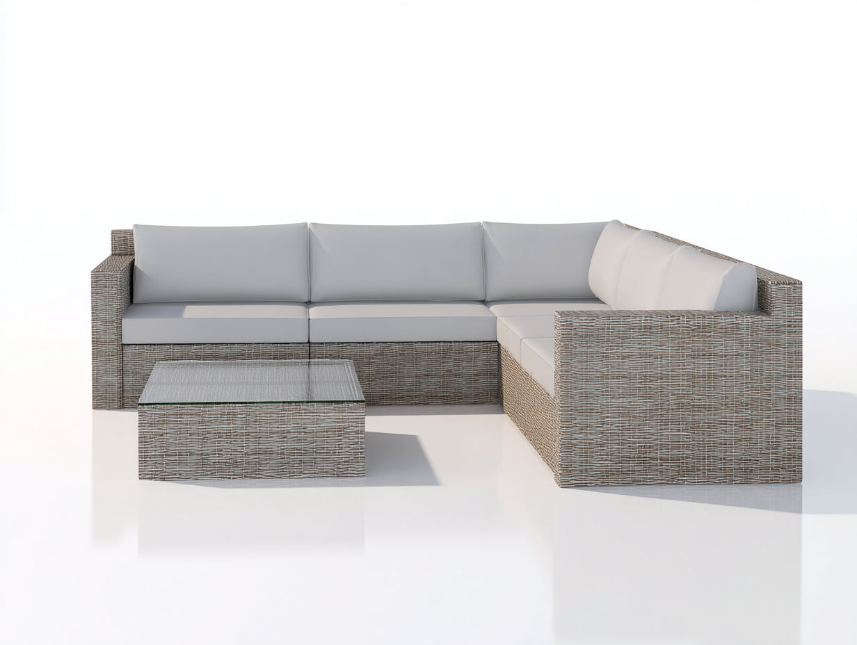 Canapé de jardin - Résine tressée-Verre - 255x190x72 cm - Gris clair-Beige - Contemporain