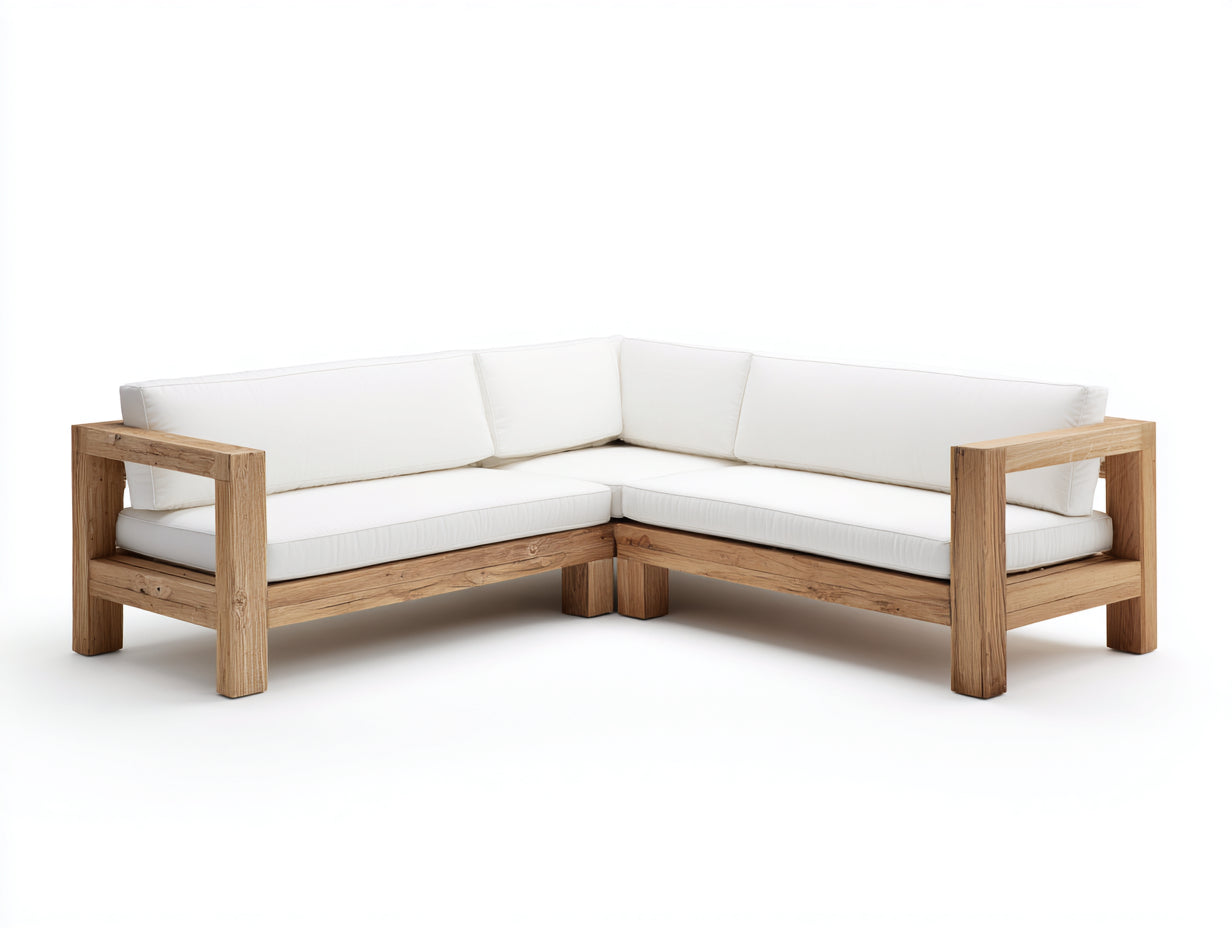 Canapé de jardin - Bois-Tissu - 228x228x74 cm - Naturel-Blanc cassé - Contemporain
