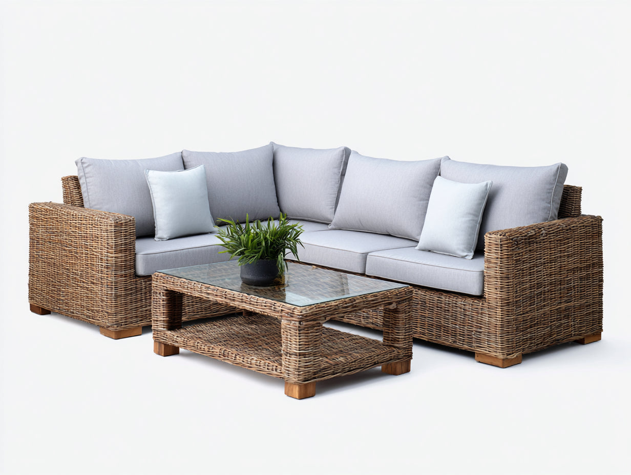 Canapé de jardin - Résine tressée-Verre - 248x162x72 cm - Gris clair-Naturel - Contemporain